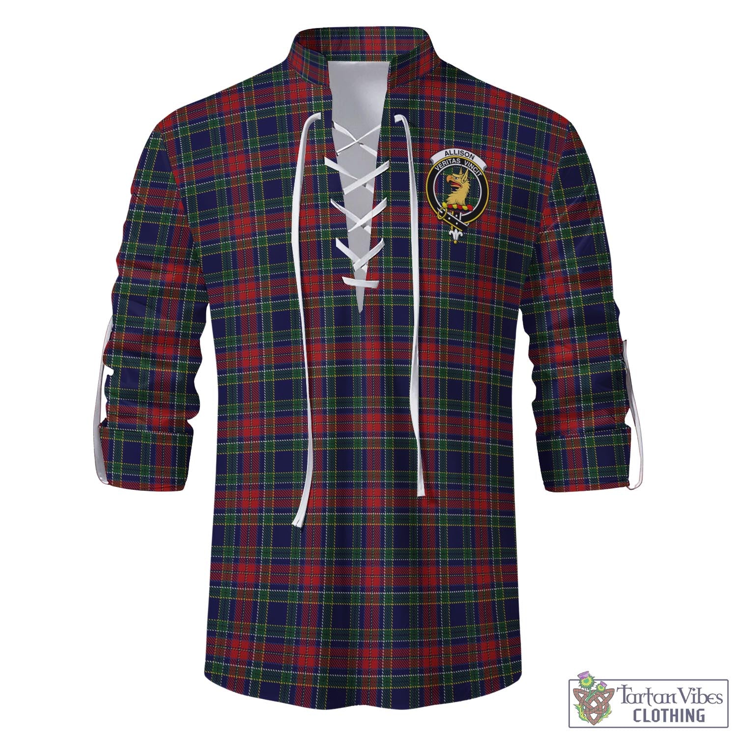 Tartan Vibes Clothing Allison Red Tartan Men's Scottish Traditional Jacobite Ghillie Kilt Shirt with Family Crest