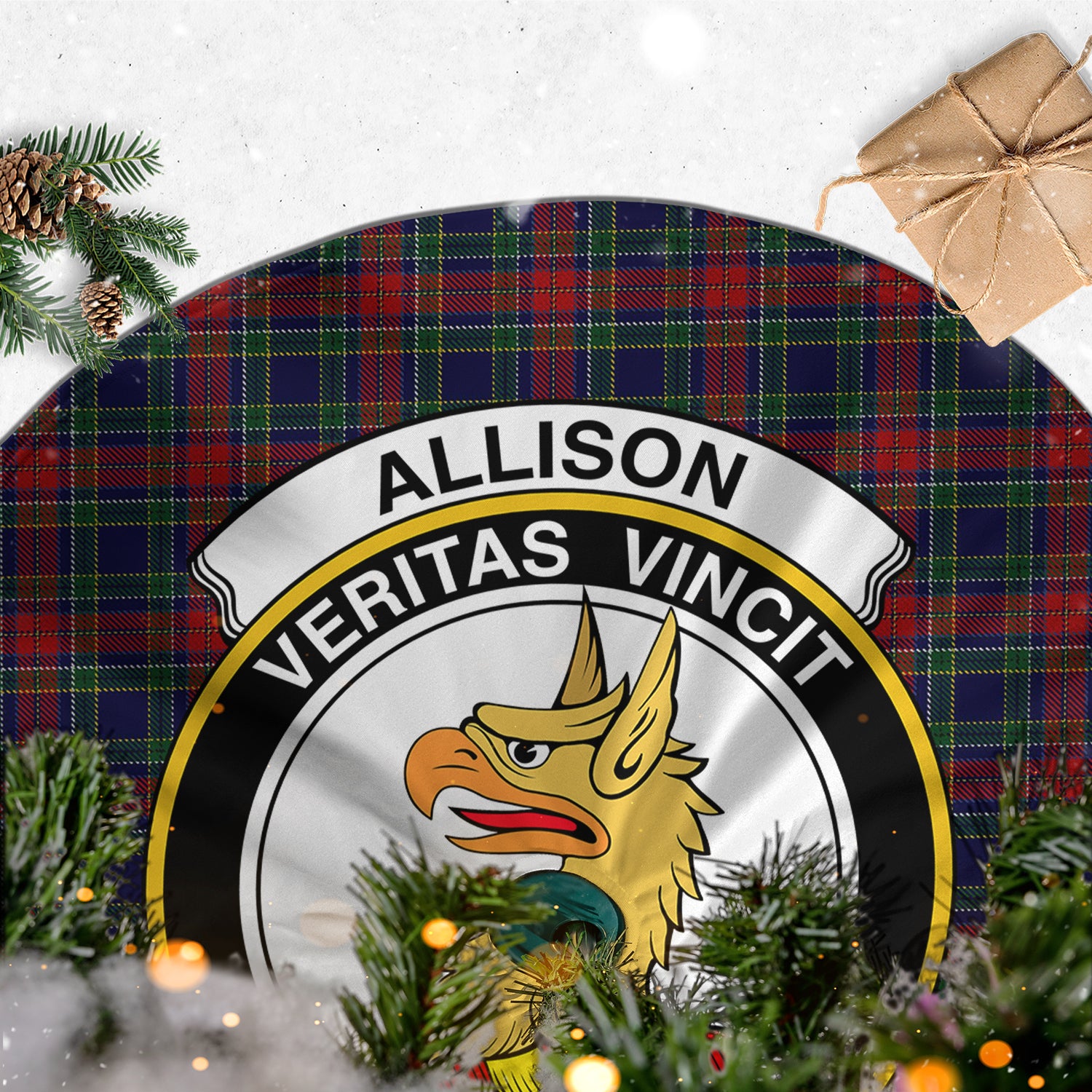 Allison Red Tartan Christmas Tree Skirt with Family Crest - Tartanvibesclothing