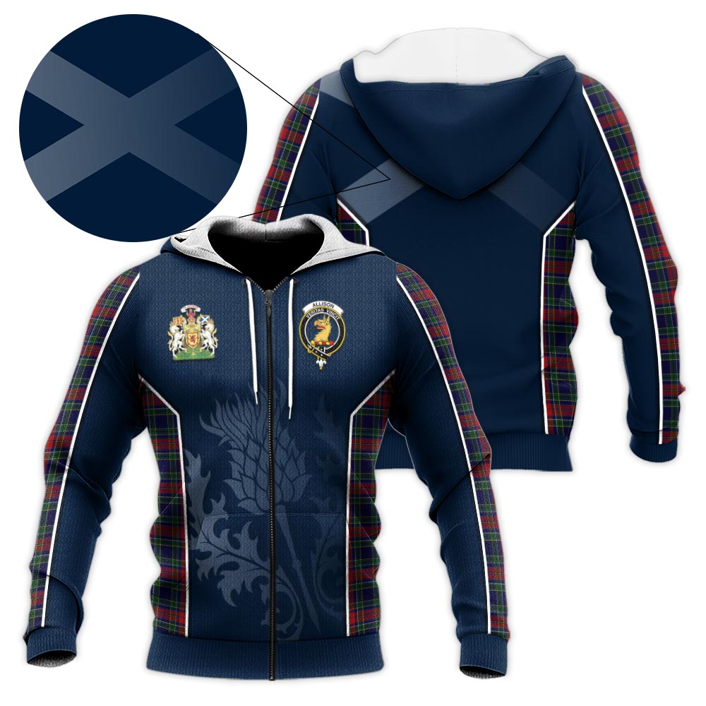 Tartan Vibes Clothing Allison Red Tartan Knitted Hoodie with Family Crest and Scottish Thistle Vibes Sport Style
