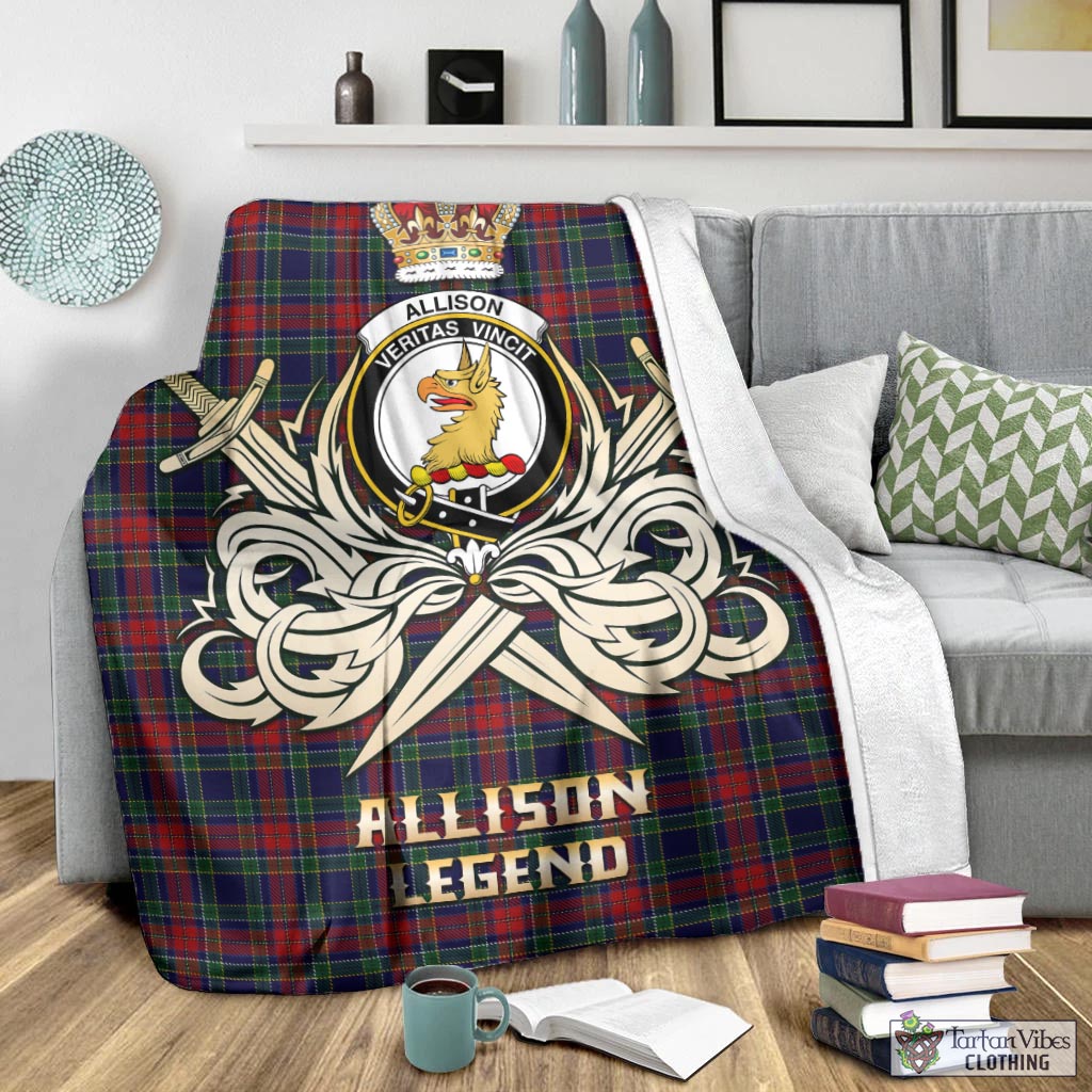 Tartan Vibes Clothing Allison Red Tartan Blanket with Clan Crest and the Golden Sword of Courageous Legacy