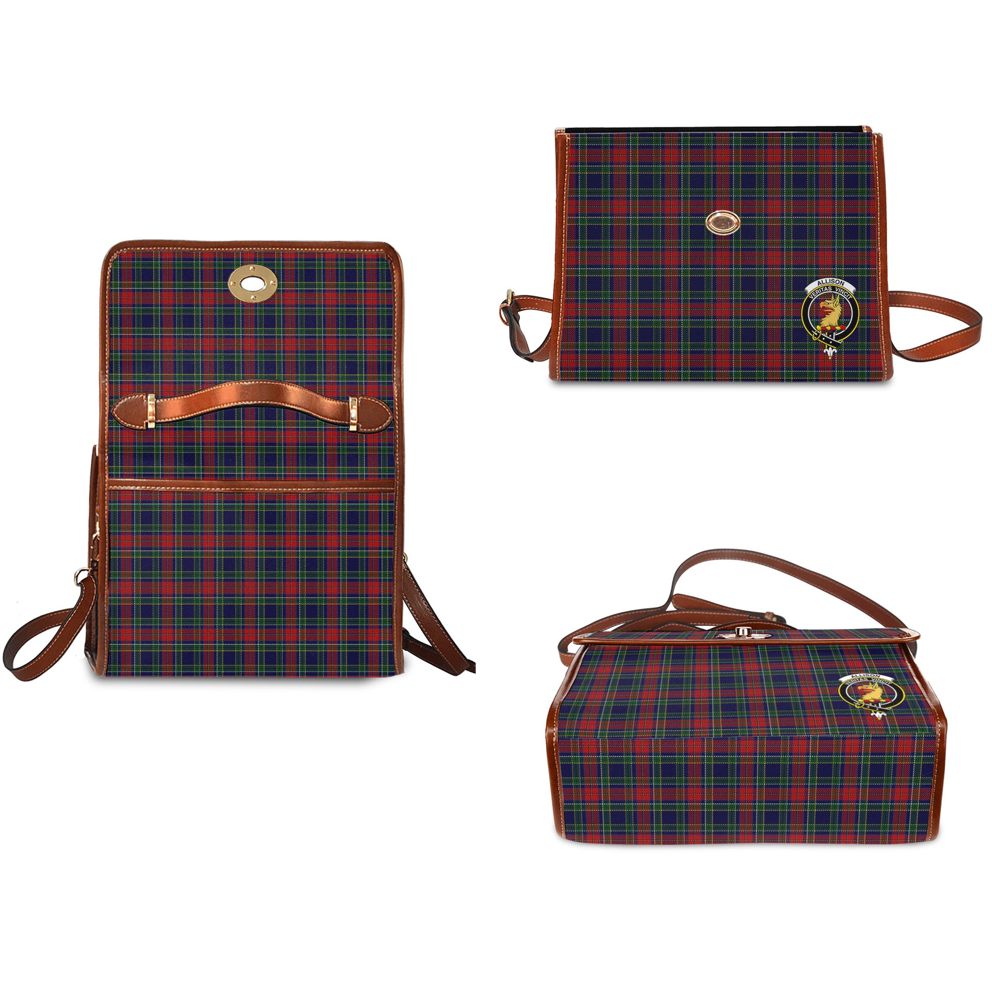 Allison Red Tartan Leather Strap Waterproof Canvas Bag with Family Crest - Tartanvibesclothing