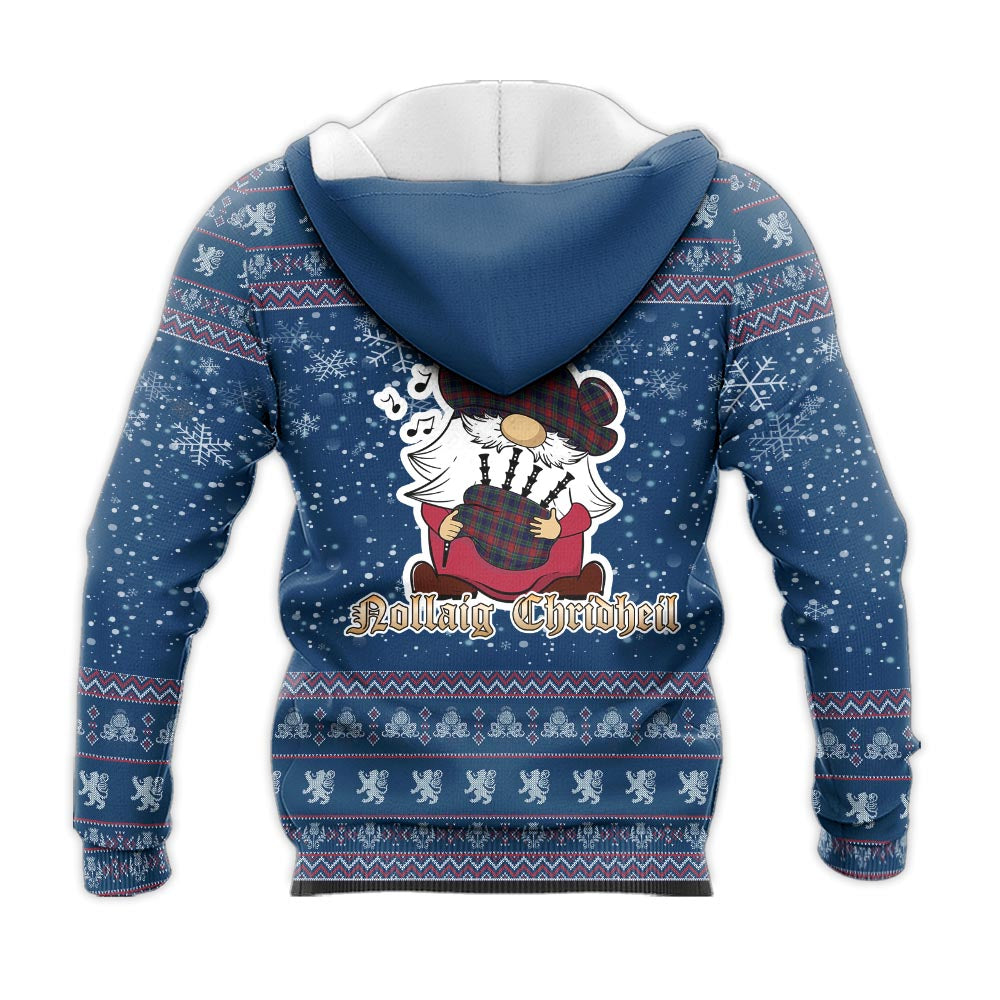 Allison Red Clan Christmas Knitted Hoodie with Funny Gnome Playing Bagpipes - Tartanvibesclothing