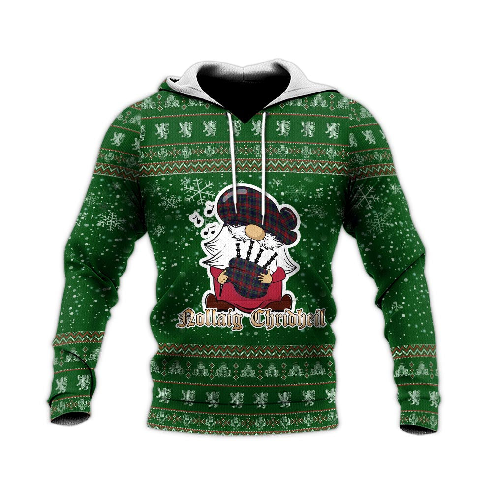 Allison Red Clan Christmas Knitted Hoodie with Funny Gnome Playing Bagpipes - Tartanvibesclothing