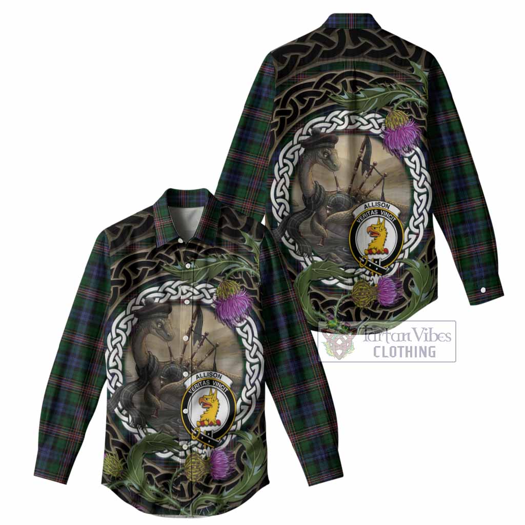 Allison Tartan Crest Bagpipe Nessie Women Casual Shirt Scottish Loch Ness Monster Celtic Thistle