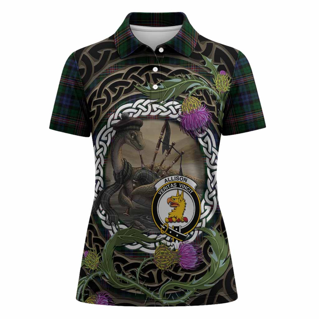 Allison Tartan Crest Bagpipe Nessie Women Polo Shirt Scottish Loch Ness Monster Celtic Thistle