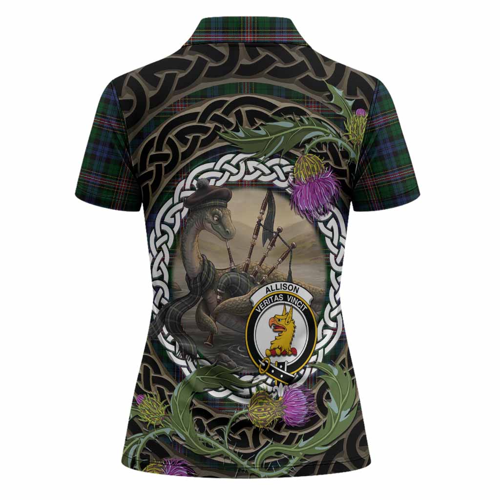 Allison Tartan Crest Bagpipe Nessie Women Polo Shirt Scottish Loch Ness Monster Celtic Thistle