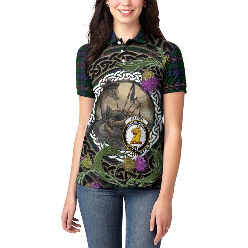 Allison Tartan Crest Bagpipe Nessie Women Polo Shirt Scottish Loch Ness Monster Celtic Thistle