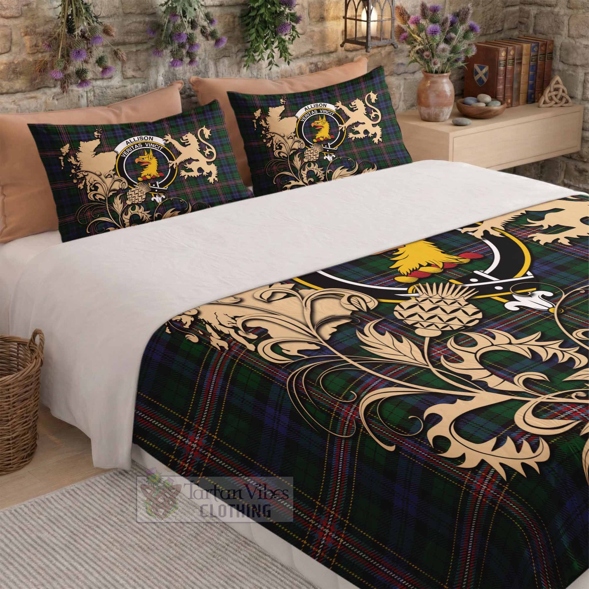 Allison Tartan Crest Bedding Set with Scottish Iconic Symbols 