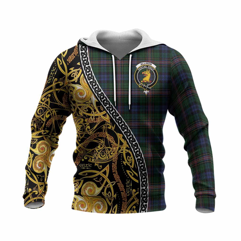Allison Tartan Crest Knitted Hoodie Celtic Knot and Triple Trickle Spiral Symbols