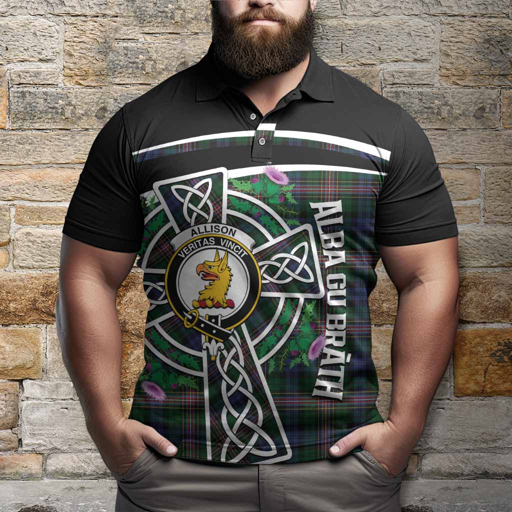 Allison Tartan Crest Polo Shirt Scottish Thistle Celtic Cross Alba Gu Brath