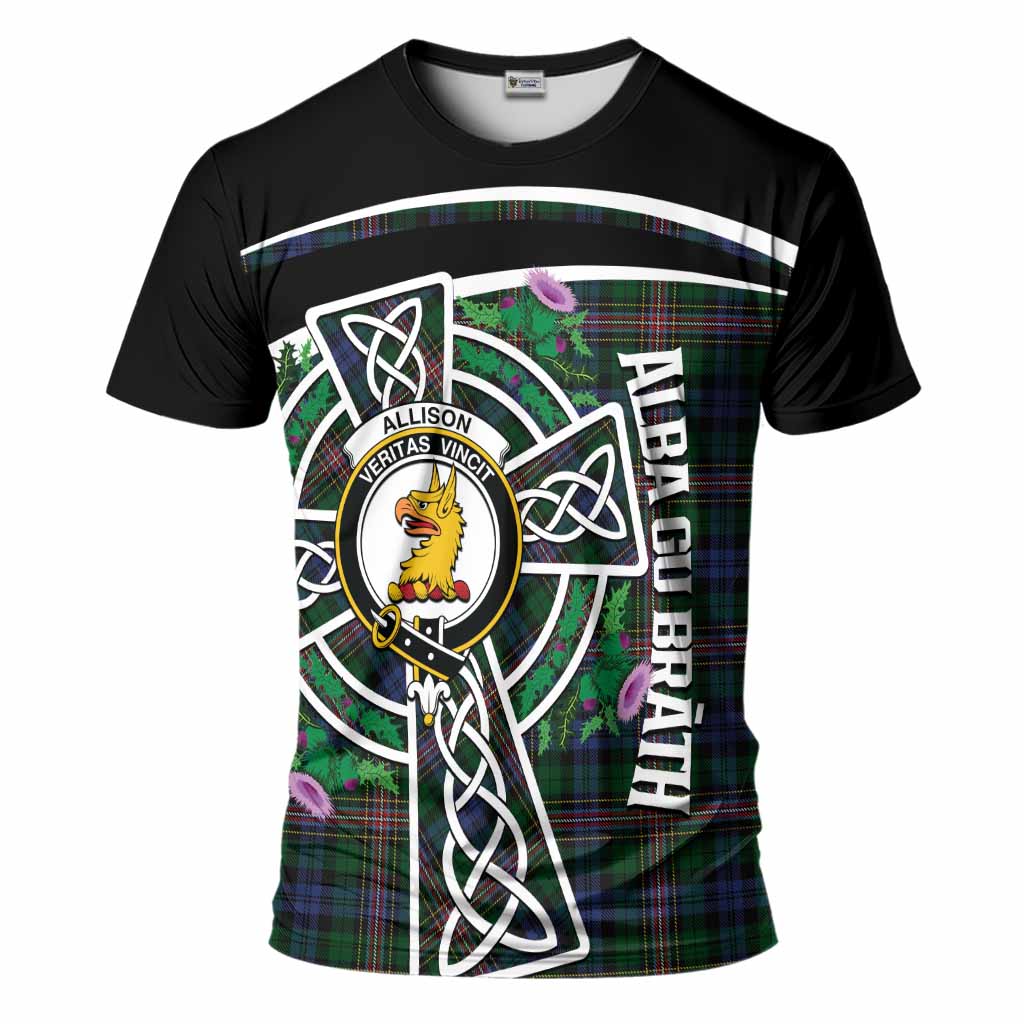 Allison Tartan Crest T-Shirt Scottish Thistle Celtic Cross Alba Gu Brath