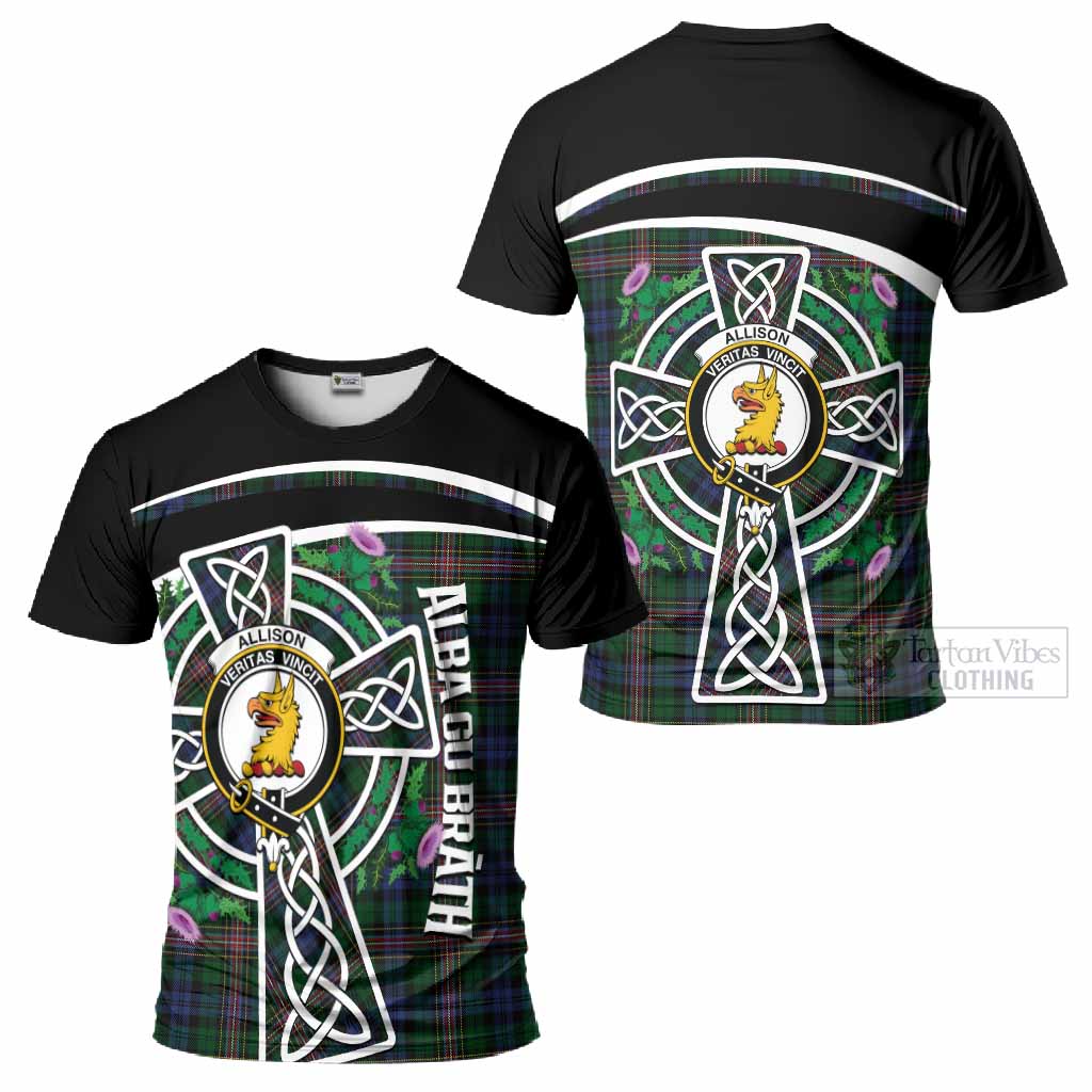 Allison Tartan Crest T-Shirt Scottish Thistle Celtic Cross Alba Gu Brath