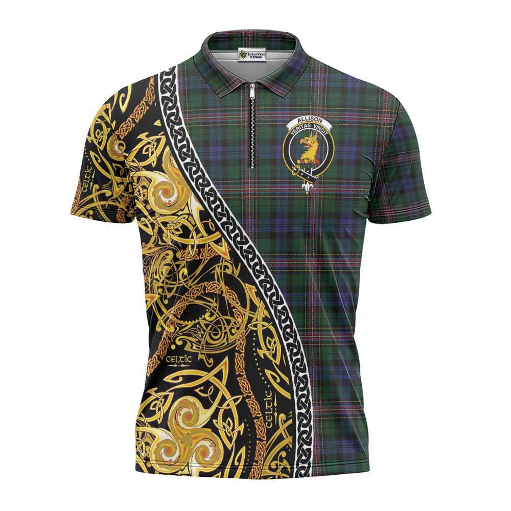 Allison Tartan Crest Zipper Polo Shirt Celtic Knot and Triple Trickle Spiral Symbols