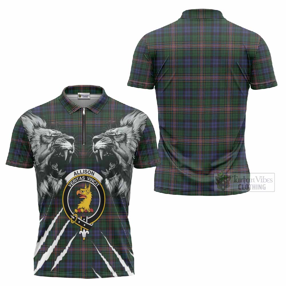 Allison Tartan Crest Zipper Polo Shirt Ferocious Lion Style