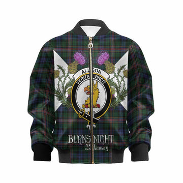 Allison Tartan Family Crest Kid Bomber Jacket Scottish Burns Night Thistle Floral