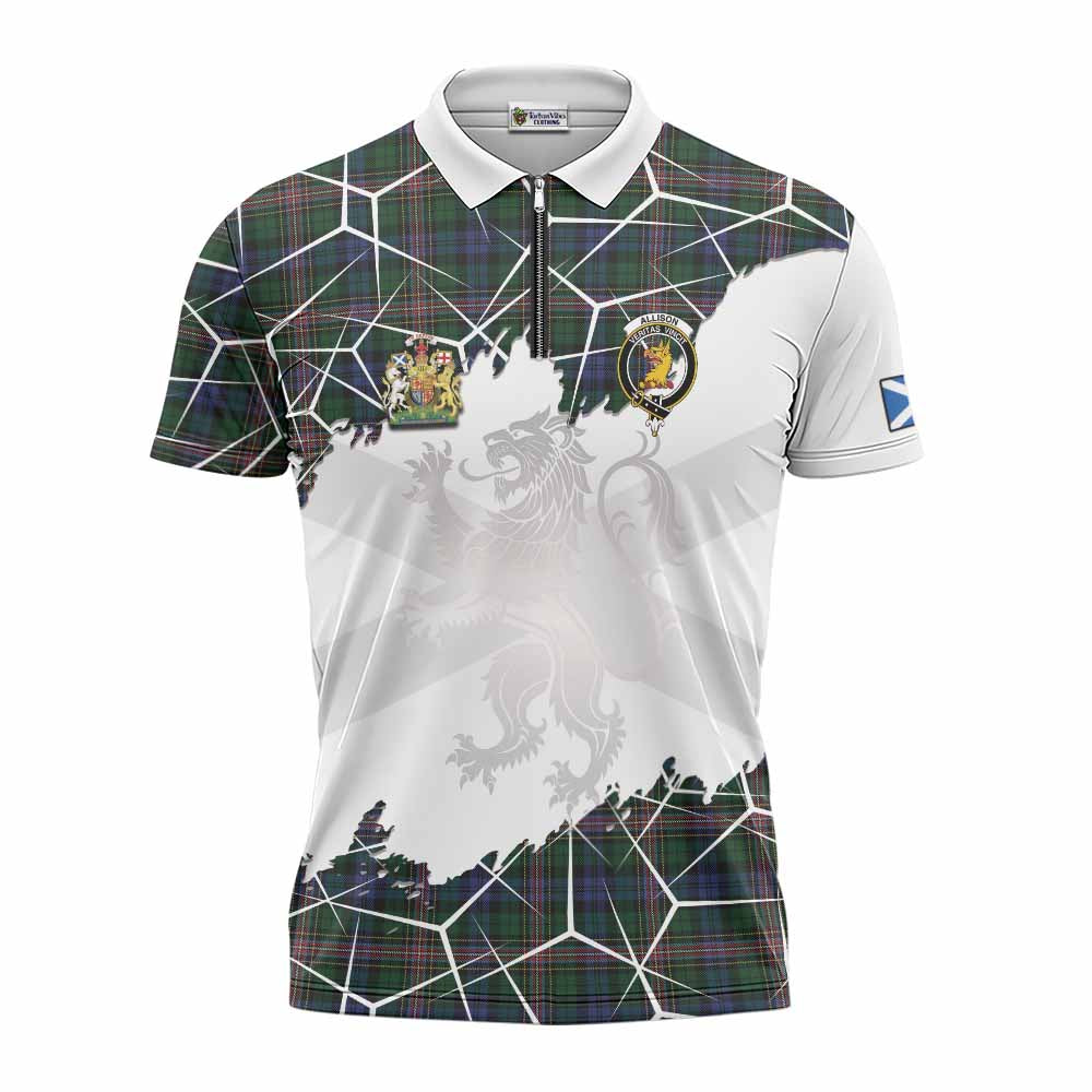 Allison Tartan Zipper Polo Shirt with Family Crest and Lion Rampant Grunge Style