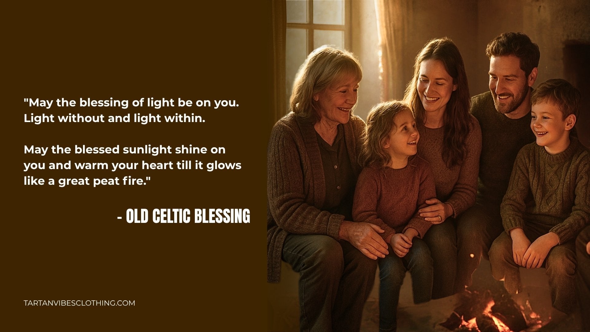 An Irish family of three generations sitting by a glowing peat fire, sharing a warm moment together with a Celtic blessing.