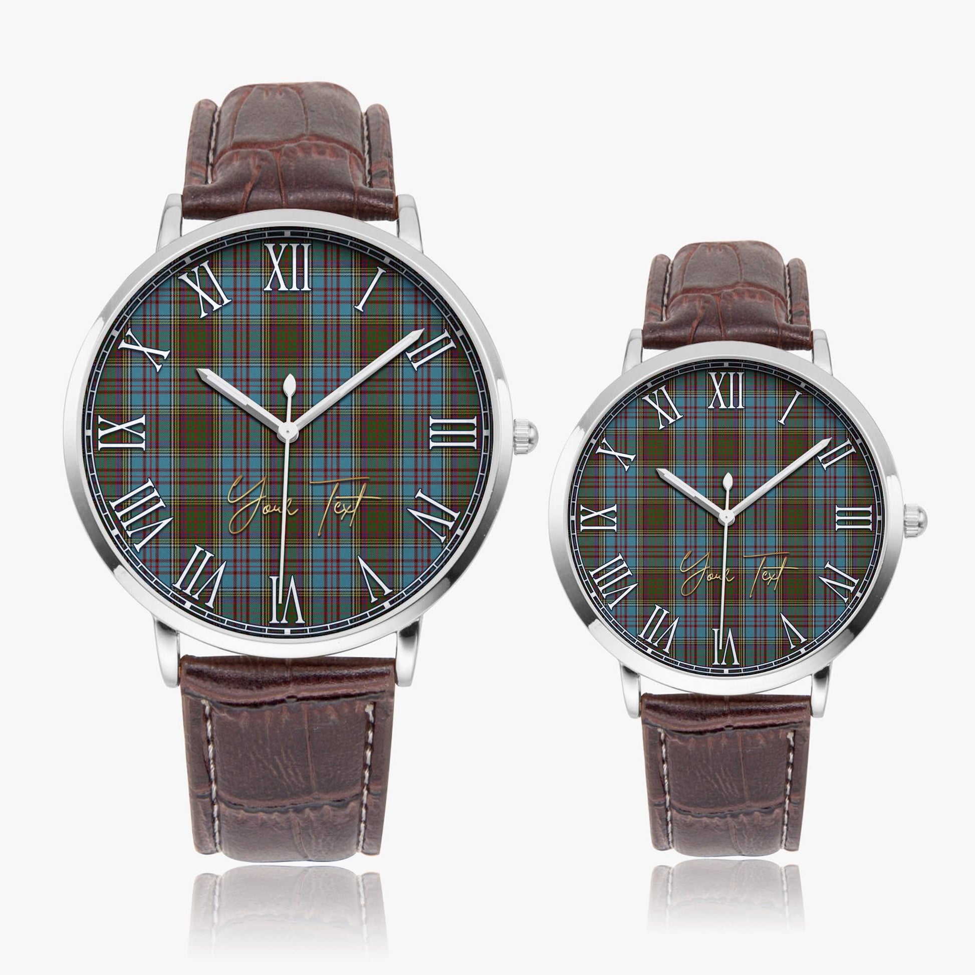 Anderson Tartan Personalized Your Text Leather Trap Quartz Watch Ultra Thin Silver Case With Brown Leather Strap - Tartanvibesclothing