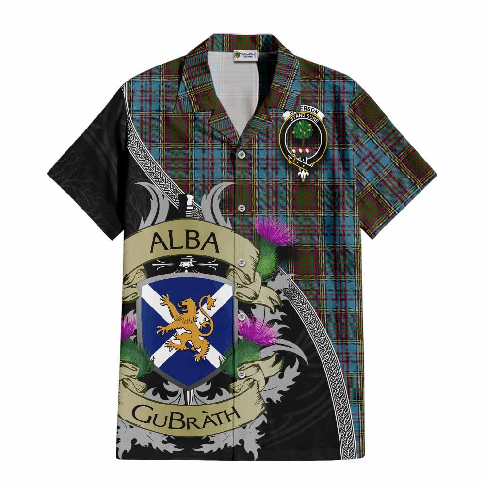 Tartan Vibes Clothing Anderson Tartan Family Crest Short Sleeve Button Shirt Lion Rampant Royal Thistle Shield Celtic Inspired