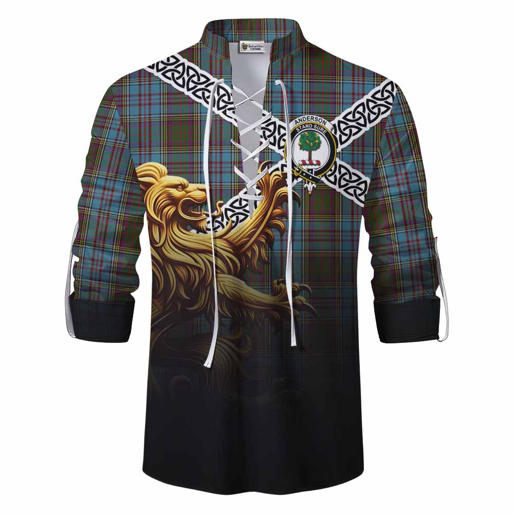 Tartan Vibes Clothing Anderson Crest Tartan Ghillie Kilt Shirt with Golden Lion Emblem Celtic Style
