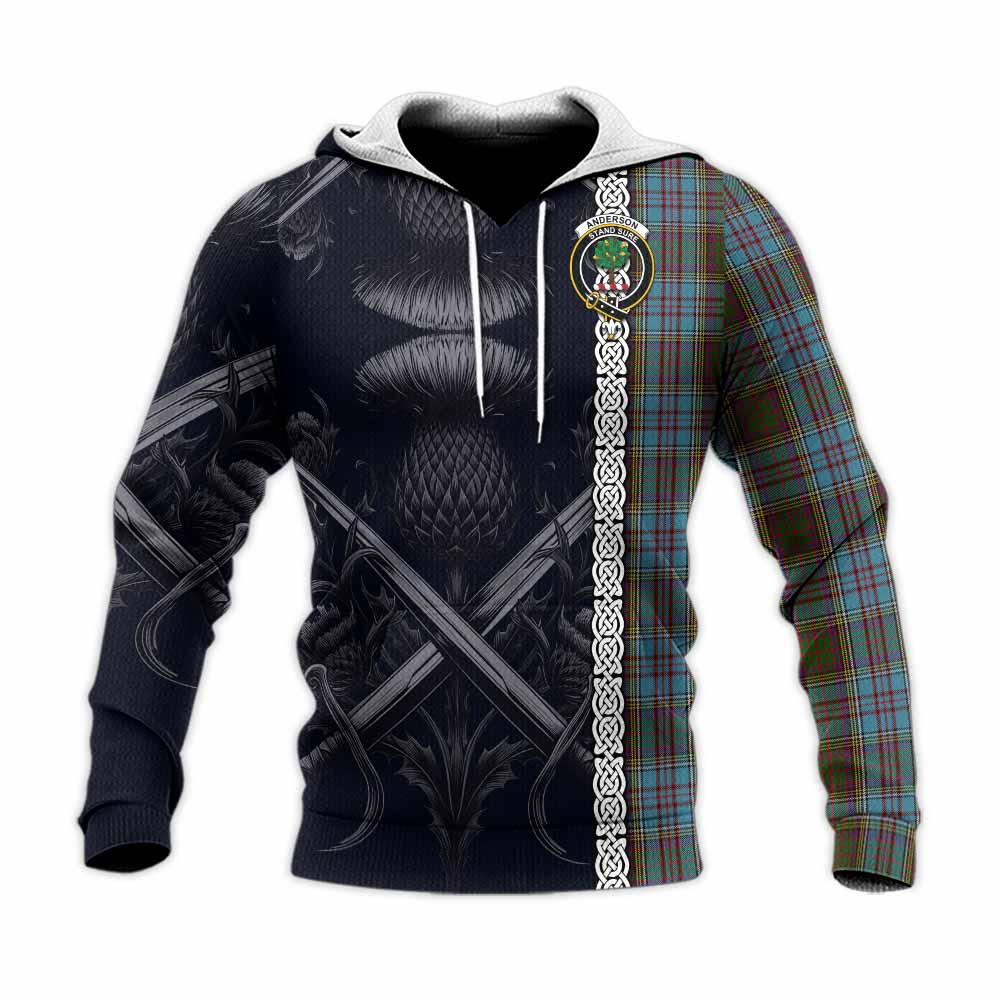 Tartan Vibes Clothing Anderson Tartan Knitted Hoodie with Family Crest Cross Sword Thistle Celtic Vibes