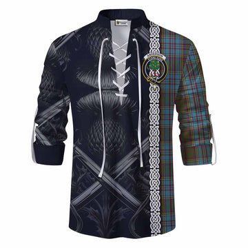 Tartan Vibes Clothing Anderson Tartan Ghillie Kilt Shirt with Family Crest Cross Sword Thistle Celtic Vibes