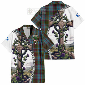 Anderson Tartan Hawaiian Shirt with Family Crest and St. Andrew's Cross Accented by Thistle Vines