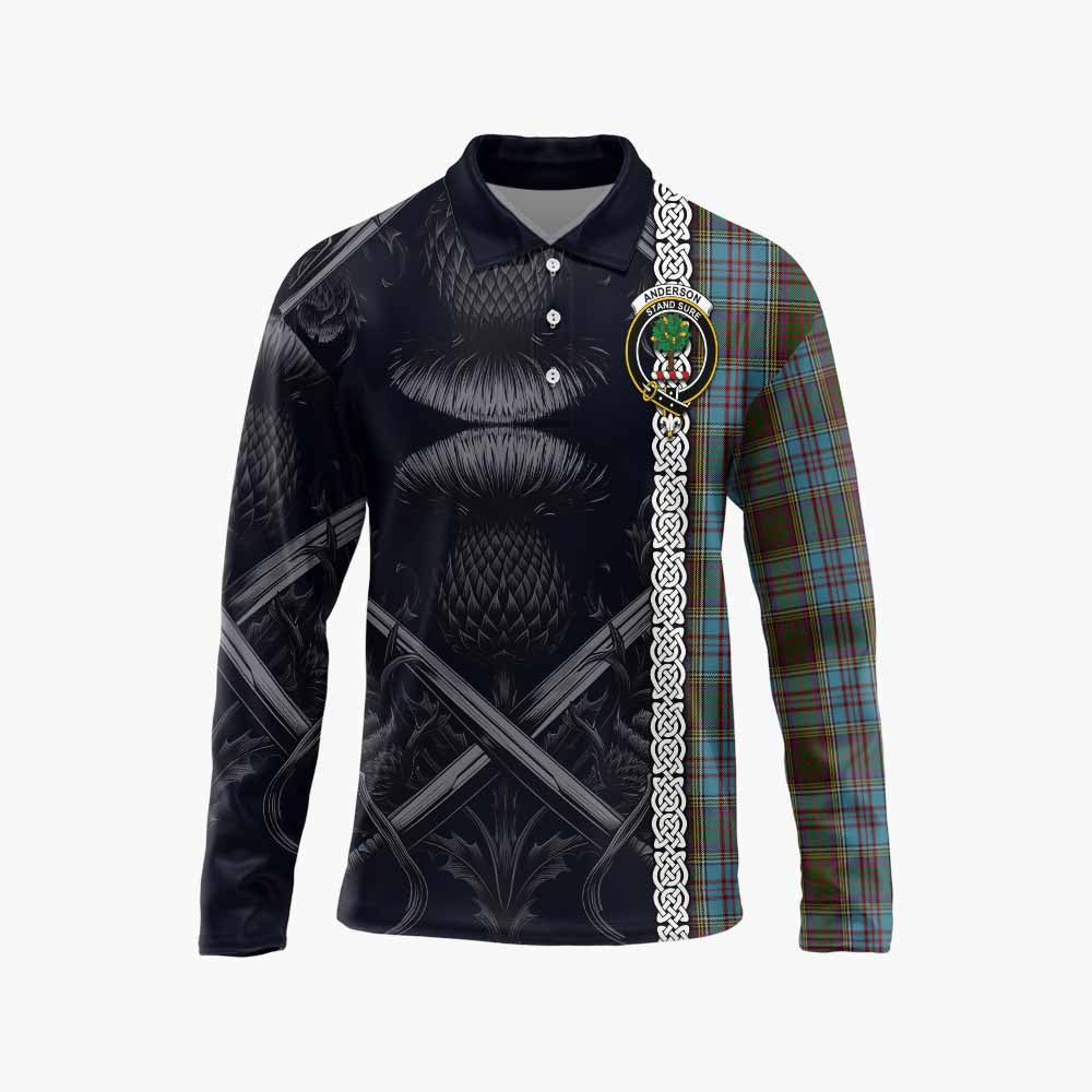 Tartan Vibes Clothing Anderson Tartan Long Sleeve Polo Shirt with Family Crest Cross Sword Thistle Celtic Vibes