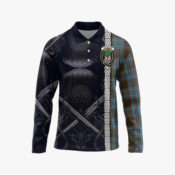 Anderson Tartan Long Sleeve Polo Shirt with Family Crest Cross Sword Thistle Celtic Vibes