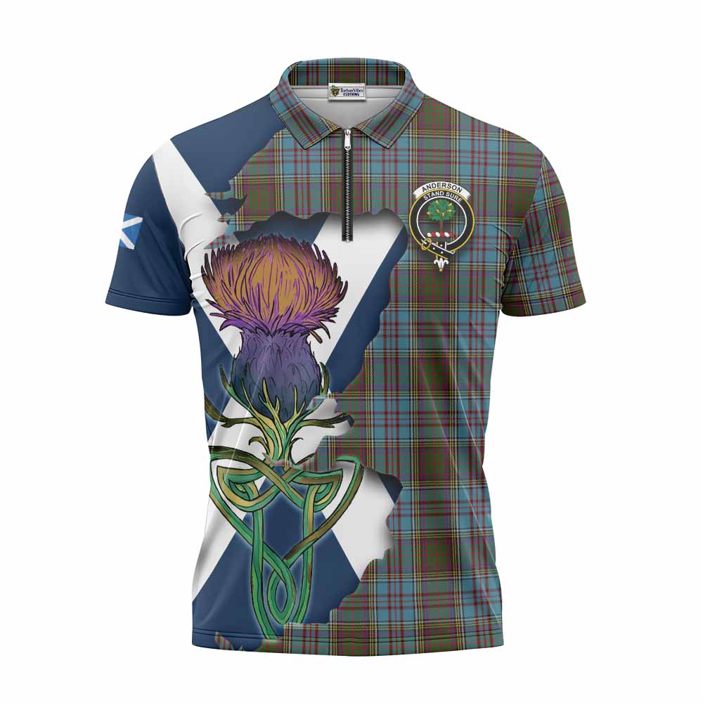 Tartan Vibes Clothing Anderson Tartan Family Crest Zipper Polo Shirt Scottish Thistle Celtic Inspired