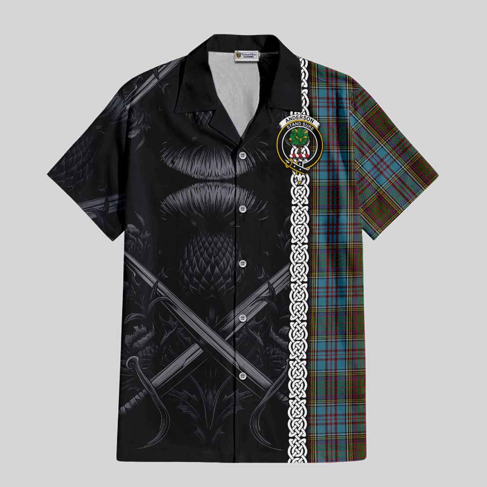 Tartan Vibes Clothing Anderson Tartan Short Sleeve Button Shirt with Family Crest Cross Sword Thistle Celtic Vibes