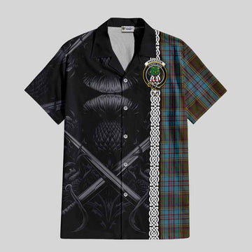 Anderson Tartan Hawaiian Shirt with Family Crest Cross Sword Thistle Celtic Vibes