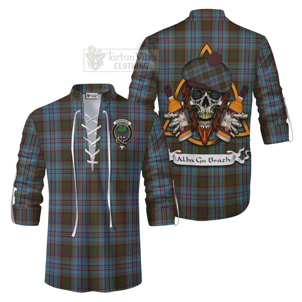 Tartan Vibes Clothing Anderson Tartan Ghillie Kilt Shirt with Family Crest and Bearded Skull Holding Bottles of Whiskey