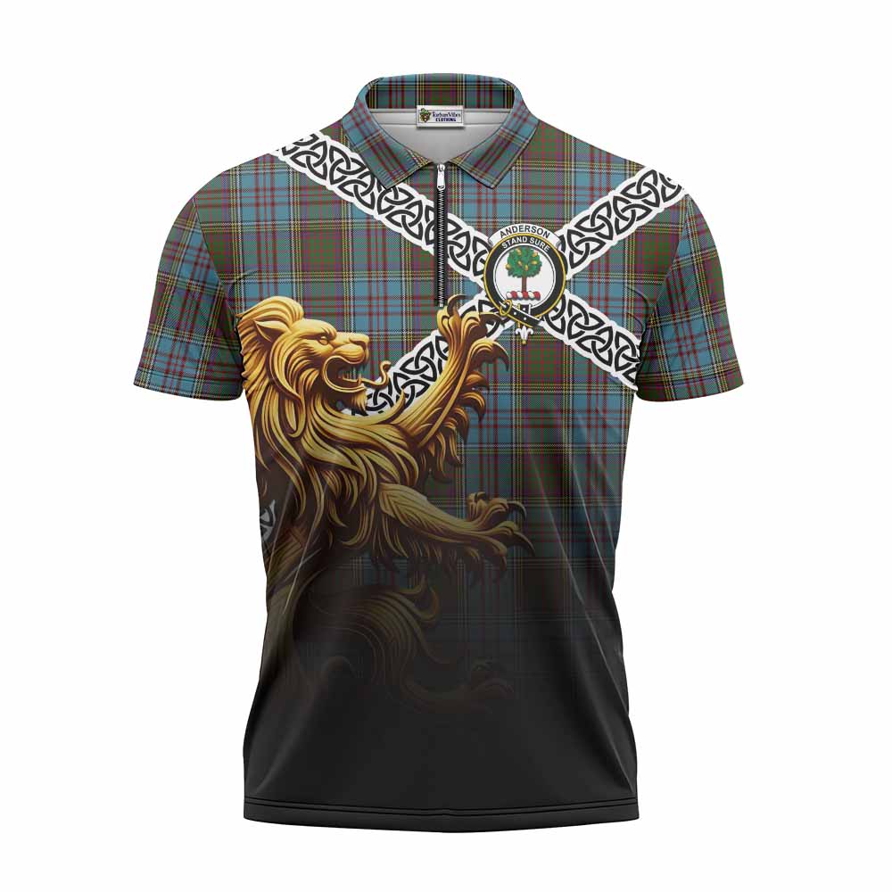 Tartan Vibes Clothing Anderson Crest Tartan Zipper Polo Shirt with Golden Lion Emblem Celtic Style