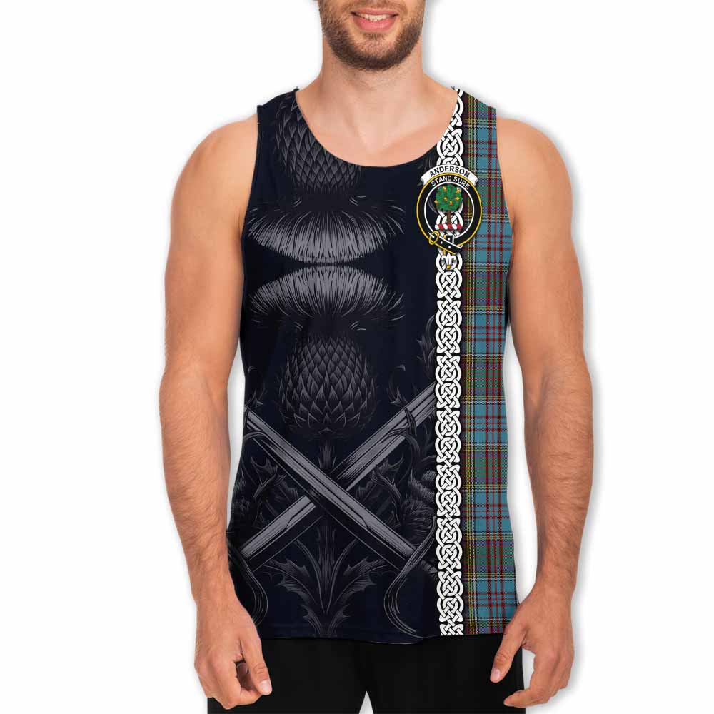 Tartan Vibes Clothing Anderson Tartan Men's Tank Top with Family Crest Cross Sword Thistle Celtic Vibes
