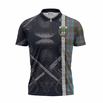 Anderson Tartan Zipper Polo Shirt with Family Crest Cross Sword Thistle Celtic Vibes