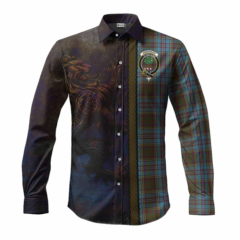 Tartan Vibes Clothing Anderson Tartan Family Crest Long Sleeve Button Shirt Alba Gu Brath Be Brave Lion Ancient Style
