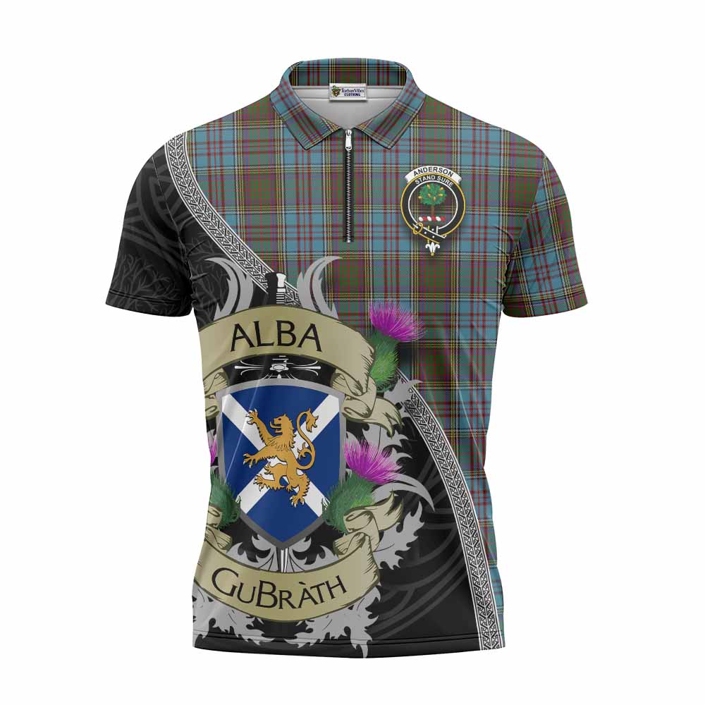 Tartan Vibes Clothing Anderson Tartan Family Crest Zipper Polo Shirt Lion Rampant Royal Thistle Shield Celtic Inspired