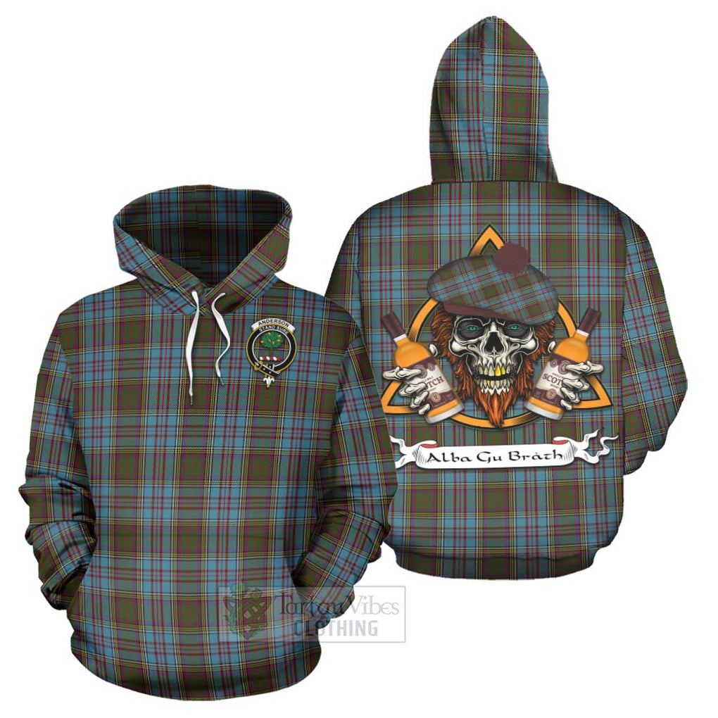 Tartan Vibes Clothing Anderson Tartan Hoodie with Family Crest and Bearded Skull Holding Bottles of Whiskey