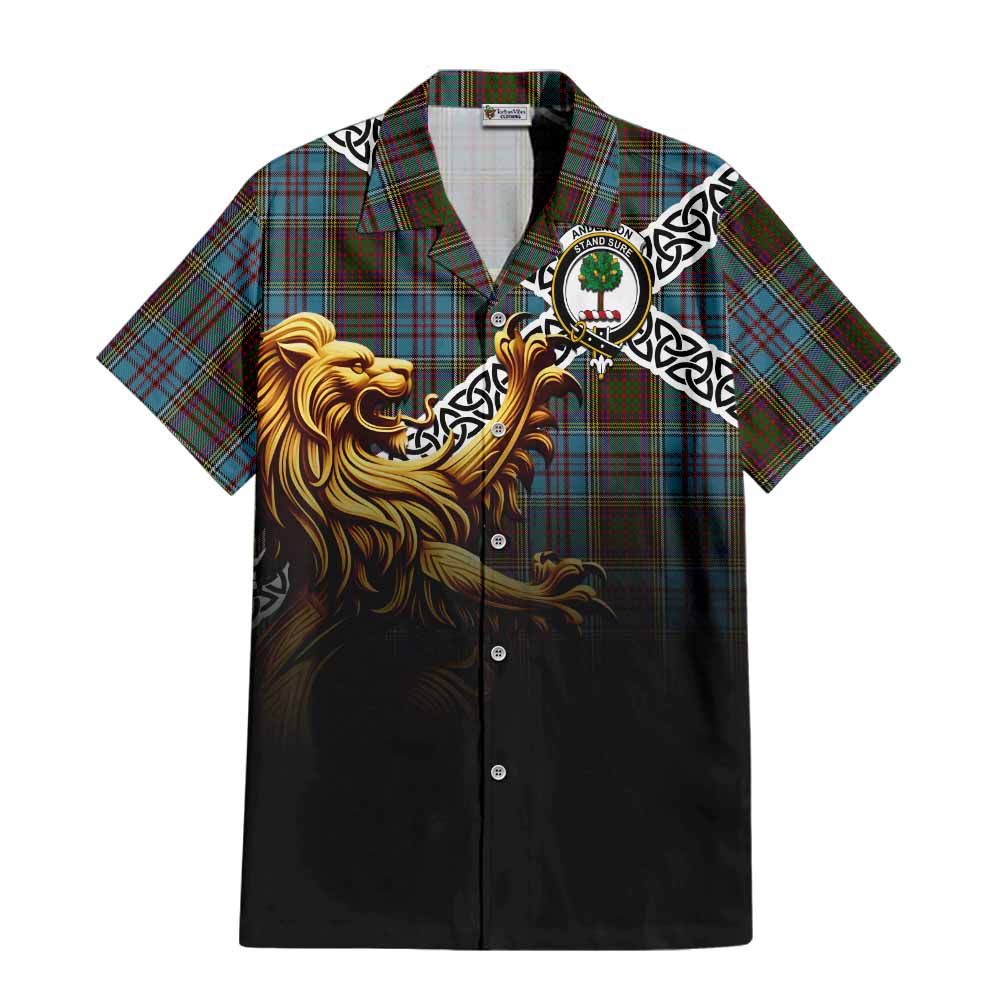 Tartan Vibes Clothing Anderson Crest Tartan Short Sleeve Button Shirt with Golden Lion Emblem Celtic Style