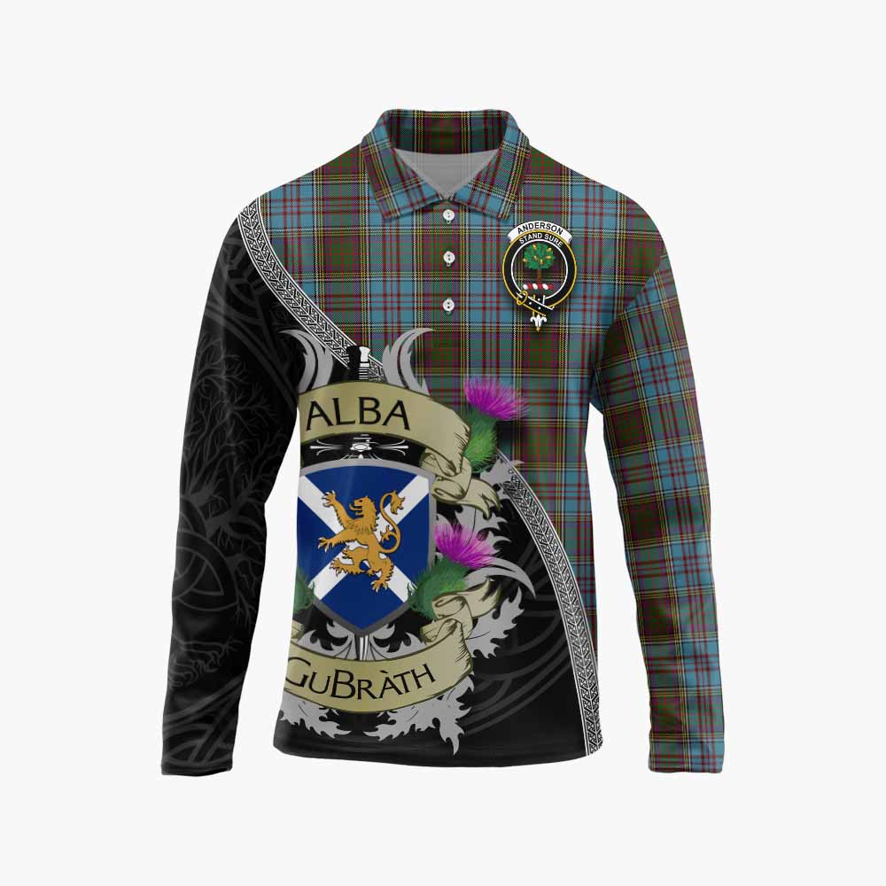 Tartan Vibes Clothing Anderson Tartan Family Crest Long Sleeve Polo Shirt Lion Rampant Royal Thistle Shield Celtic Inspired