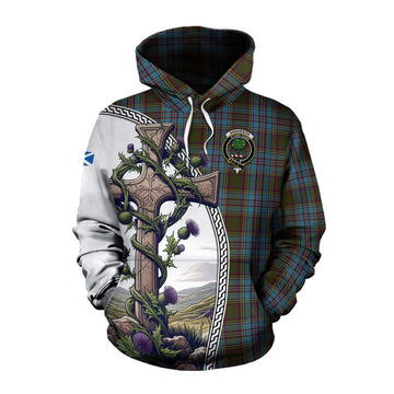 Tartan Vibes Clothing Anderson Tartan Cotton Hoodie with Family Crest and St. Andrew's Cross Accented by Thistle Vines