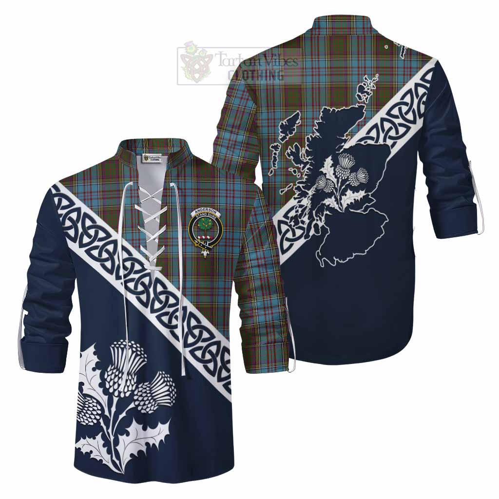 Tartan Vibes Clothing Anderson Tartan Ghillie Kilt Shirt Featuring Thistle and Scotland Map