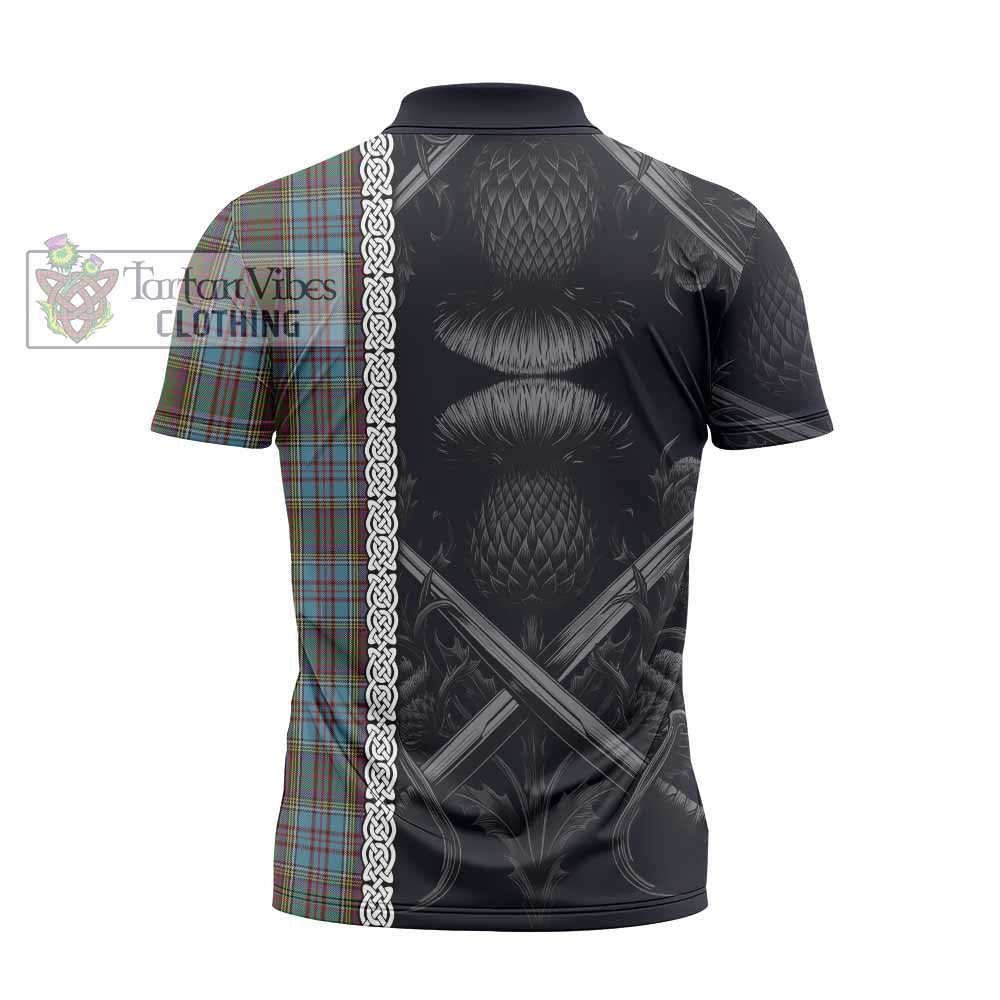 Tartan Vibes Clothing Anderson Tartan Zipper Polo Shirt with Family Crest Cross Sword Thistle Celtic Vibes