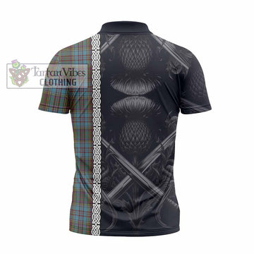 Anderson Tartan Zipper Polo Shirt with Family Crest Cross Sword Thistle Celtic Vibes