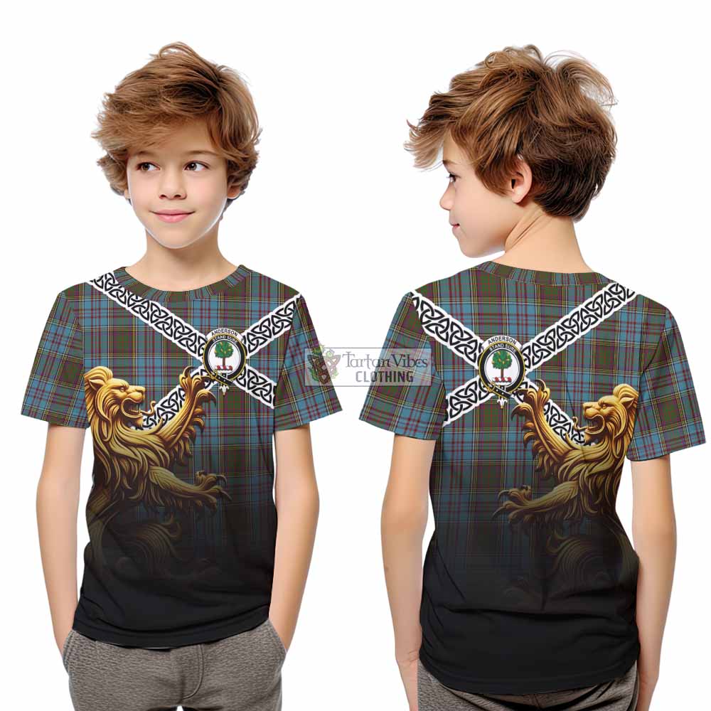 Tartan Vibes Clothing Anderson Crest Tartan Kid T-Shirt with Golden Lion Emblem Celtic Style