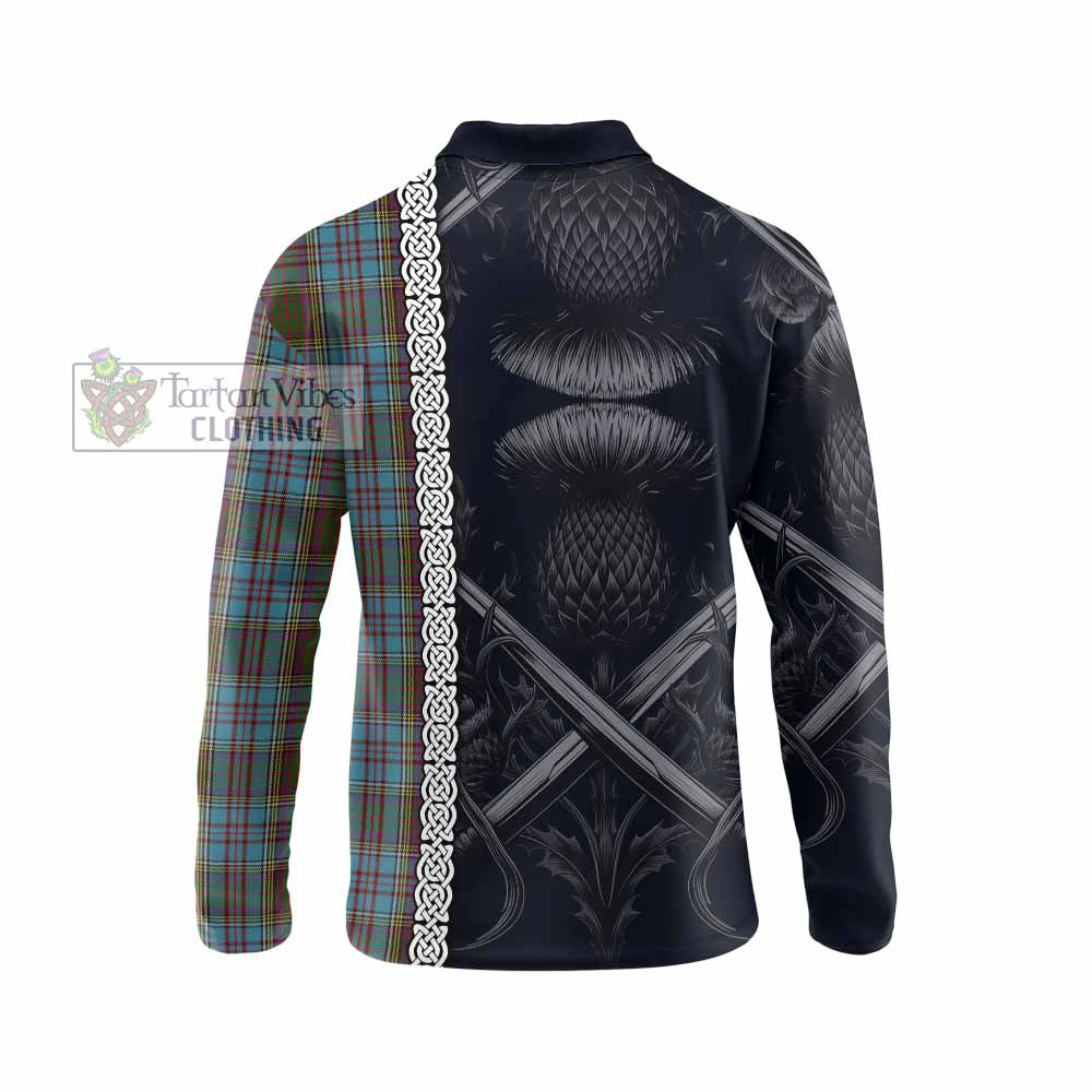 Tartan Vibes Clothing Anderson Tartan Long Sleeve Polo Shirt with Family Crest Cross Sword Thistle Celtic Vibes