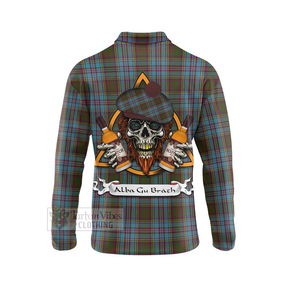 Tartan Vibes Clothing Anderson Tartan Long Sleeve Polo Shirt with Family Crest and Bearded Skull Holding Bottles of Whiskey