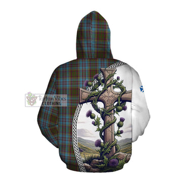 Tartan Vibes Clothing Anderson Tartan Cotton Hoodie with Family Crest and St. Andrew's Cross Accented by Thistle Vines