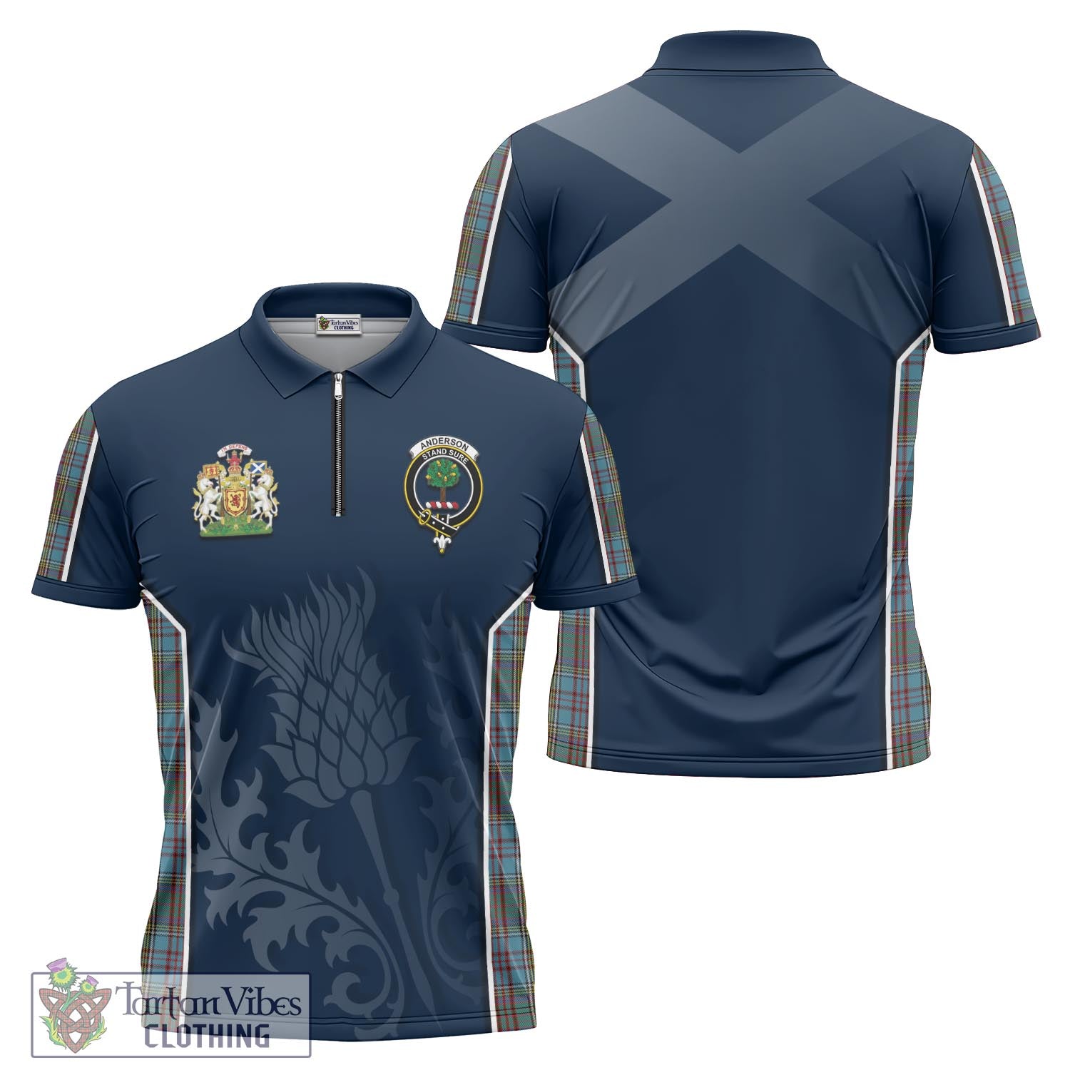 Tartan Vibes Clothing Anderson Tartan Zipper Polo Shirt with Family Crest and Scottish Thistle Vibes Sport Style